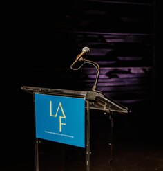 A podium with the Landscape Architecture Foundation logo