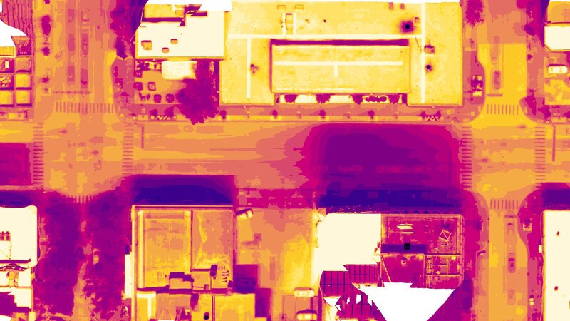 An urban heat island is shown using thermal imagery.