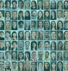 A grid of headshots of 77 of the 2025 LAF Olmsted Scholars with an aqua blue overlay