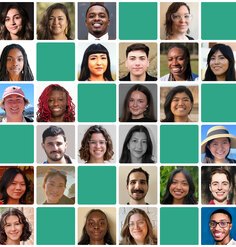 A 6x6 grid of 26 headshots of the 2025 scholarship winners, interspersed with 10 green-blue squares
