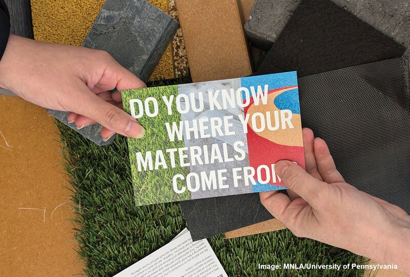 Two hands holding a postcard that says "Do you know where your materials come from?"