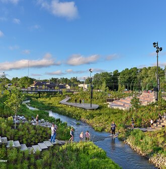 Looking downstream at Grand Junction Park where visitors walk on stepped walkways down to restored Cool Creek 