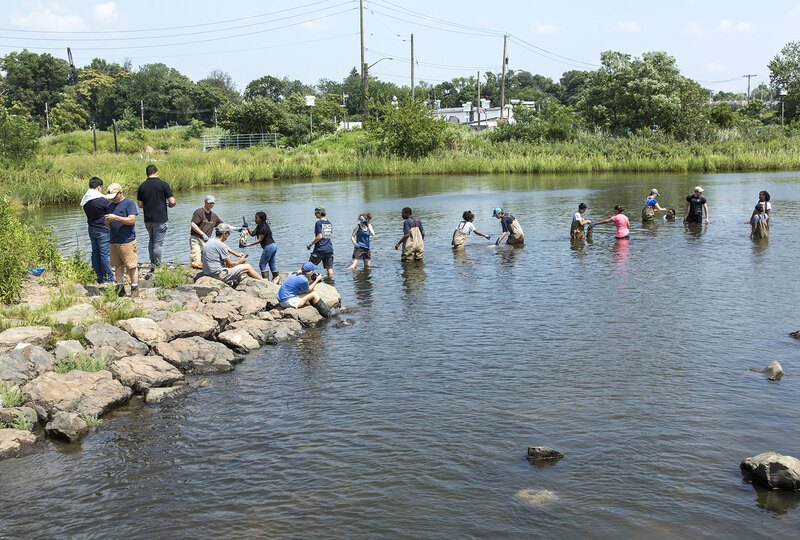 A line of students in waders and gloves pass bags down the line