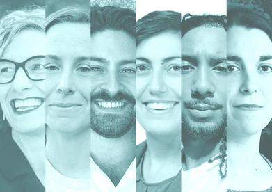 Six narrow vertical bands of the faces of the six 2026-27 LAF Fellows in black and white with a light blue overlay