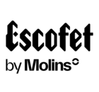 Logo with 'Escofet' written in a stylized black font with sharp edges and geometric shapes. Below it, the phrase 'by Molins' is written in a simpler, modern black font.
