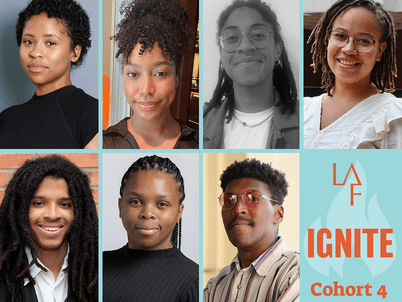 A grid of 7 headshots with text saying "LAF Ignite Cohort 4"