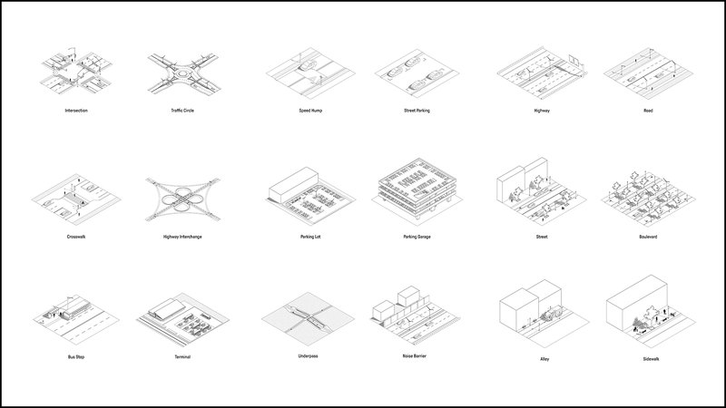 A series of 18 small diagrams of infrastructure adaptation typologies like parking lot, underpass, and highway interchange 