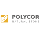 The logo of Polycor consists of a yellow square with a white spiral design resembling an ammonite fossil on the left side. To the right of the square, the word 'POLYCOR' is written in bold, uppercase gray letters. Below 'POLYCOR,' the words 'NATURAL STONE' are written in smaller, uppercase gray letters.